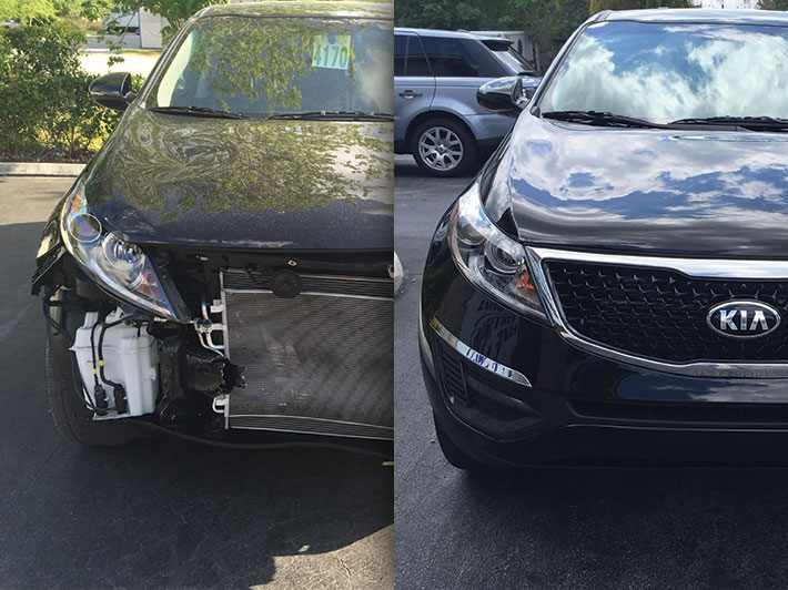 sedan front-end bumper collision repair before and after